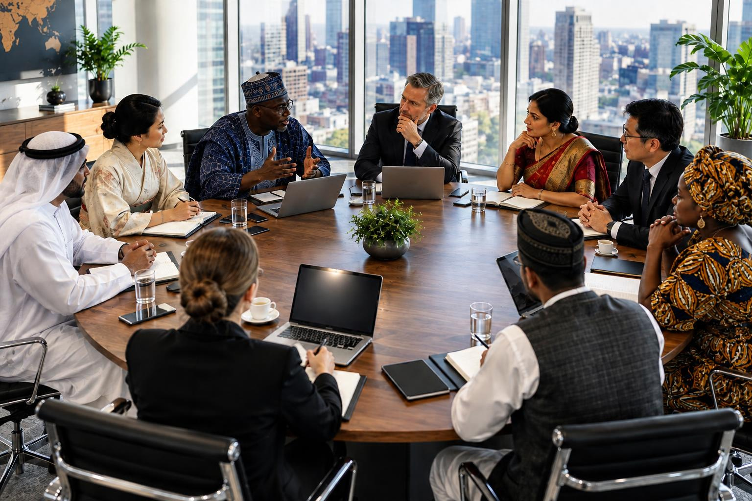 International representatives from diverse backgrounds meeting around a conference table