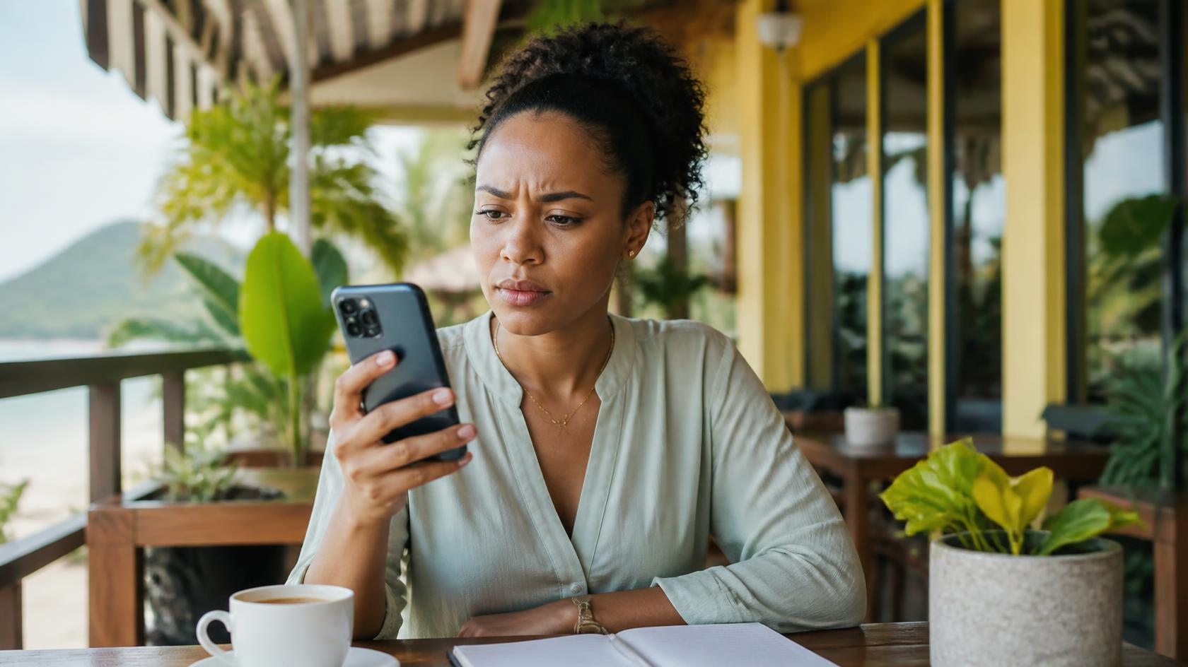 Person reacting cautiously to a suspicious message on a smartphone