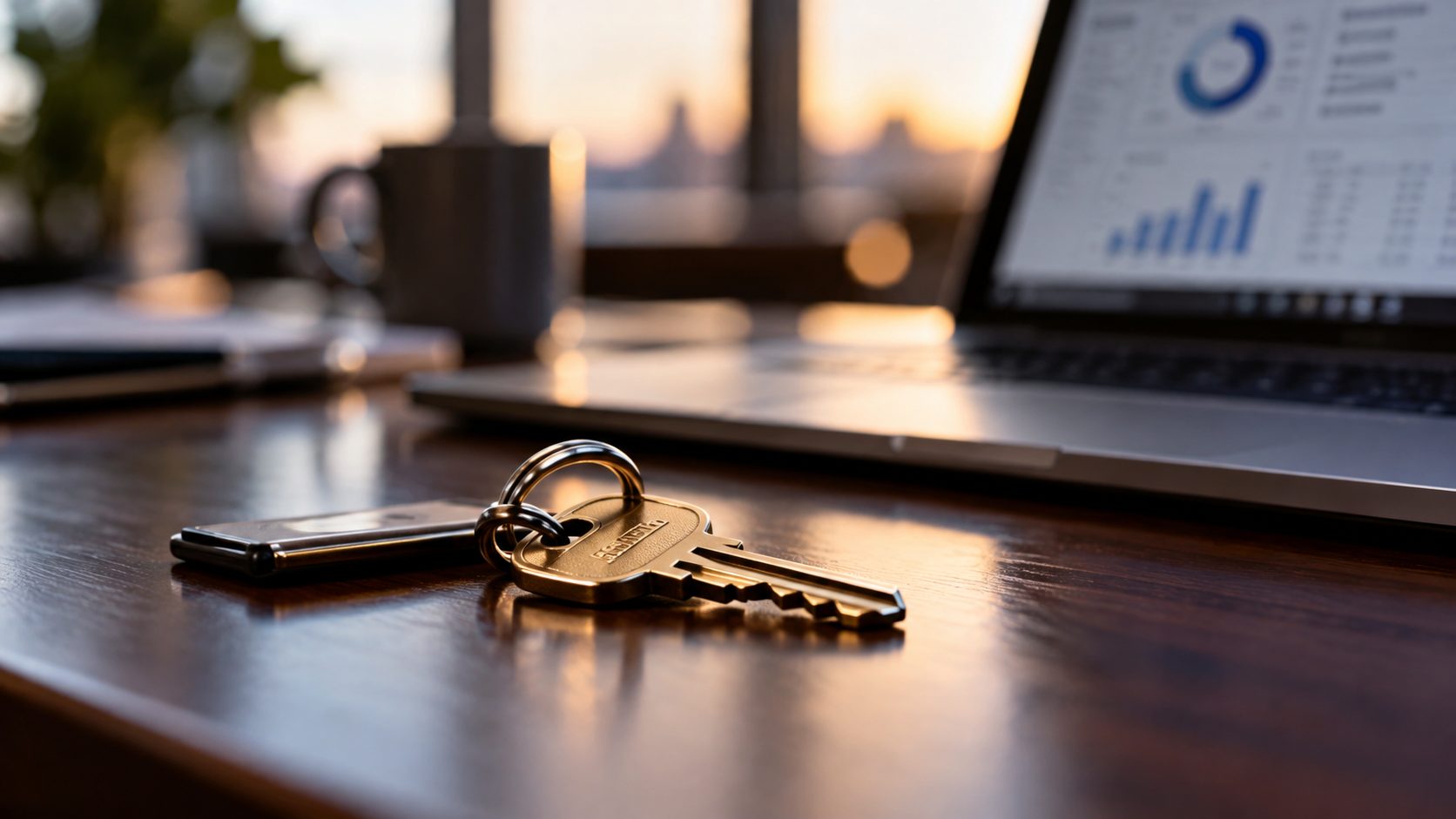 A key resting on a desk beside an open laptop showing business dashboards