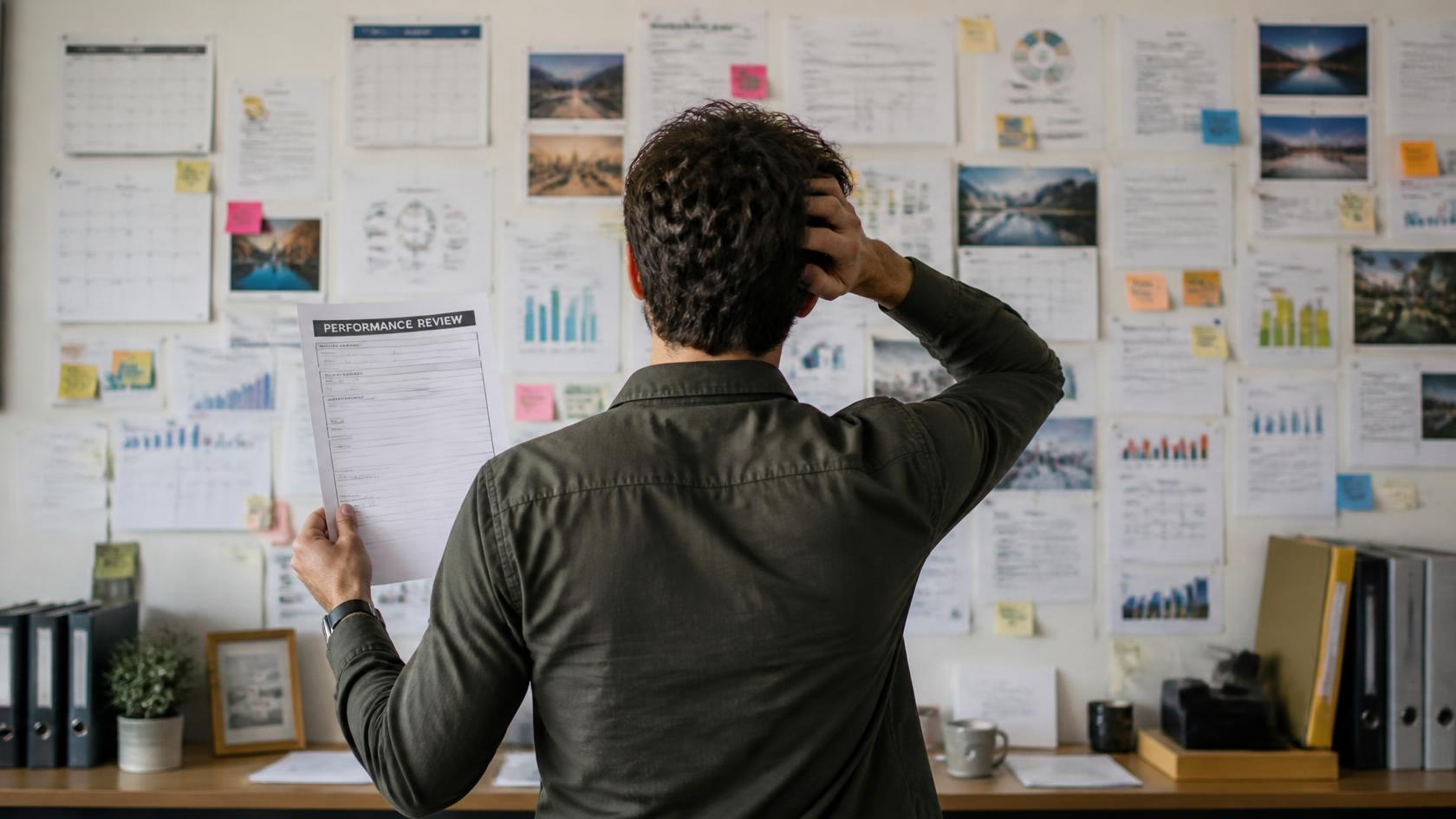 Employee and manager discussing performance in a professional office