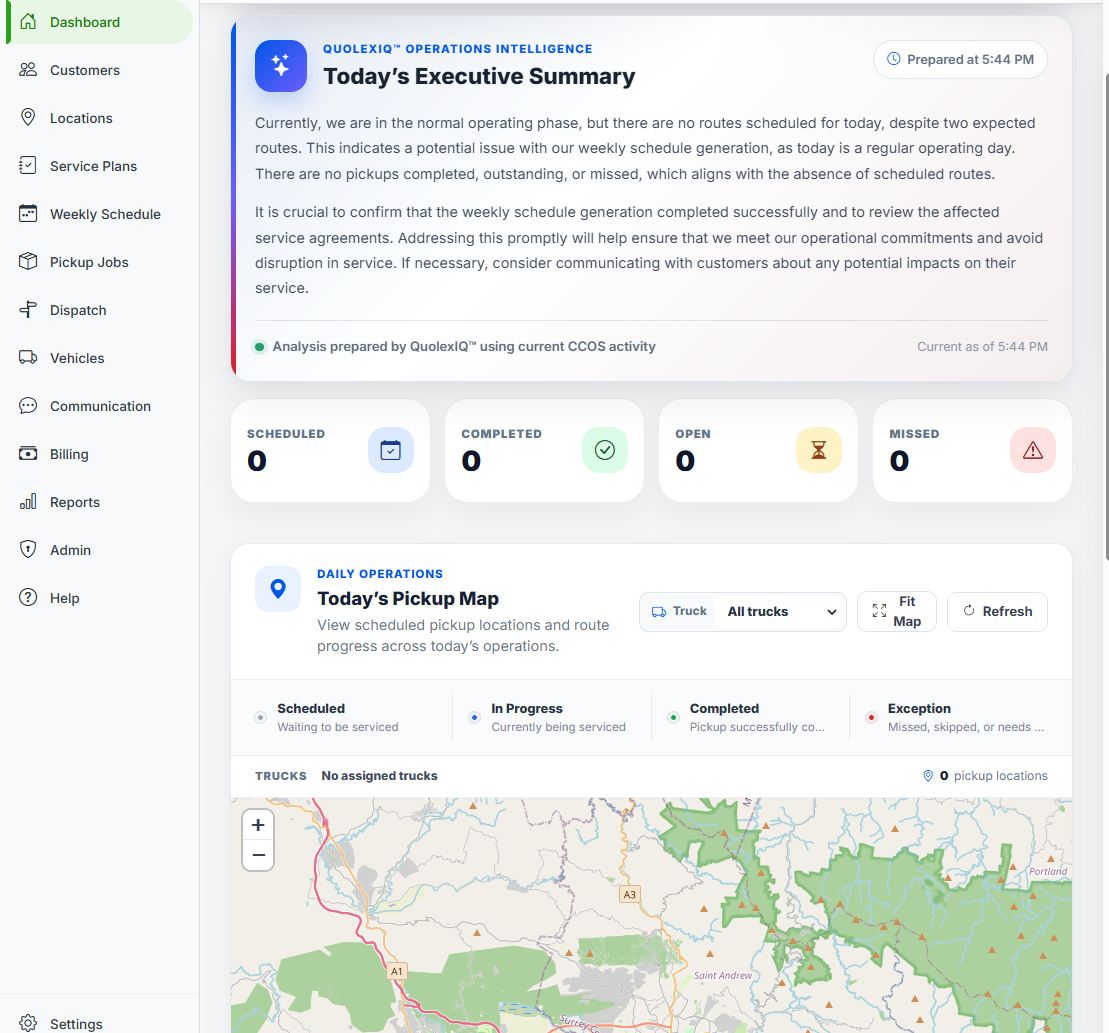 CleanCrewOS dashboard showing operational intelligence, pickup metrics, customer and route management, and live mapping